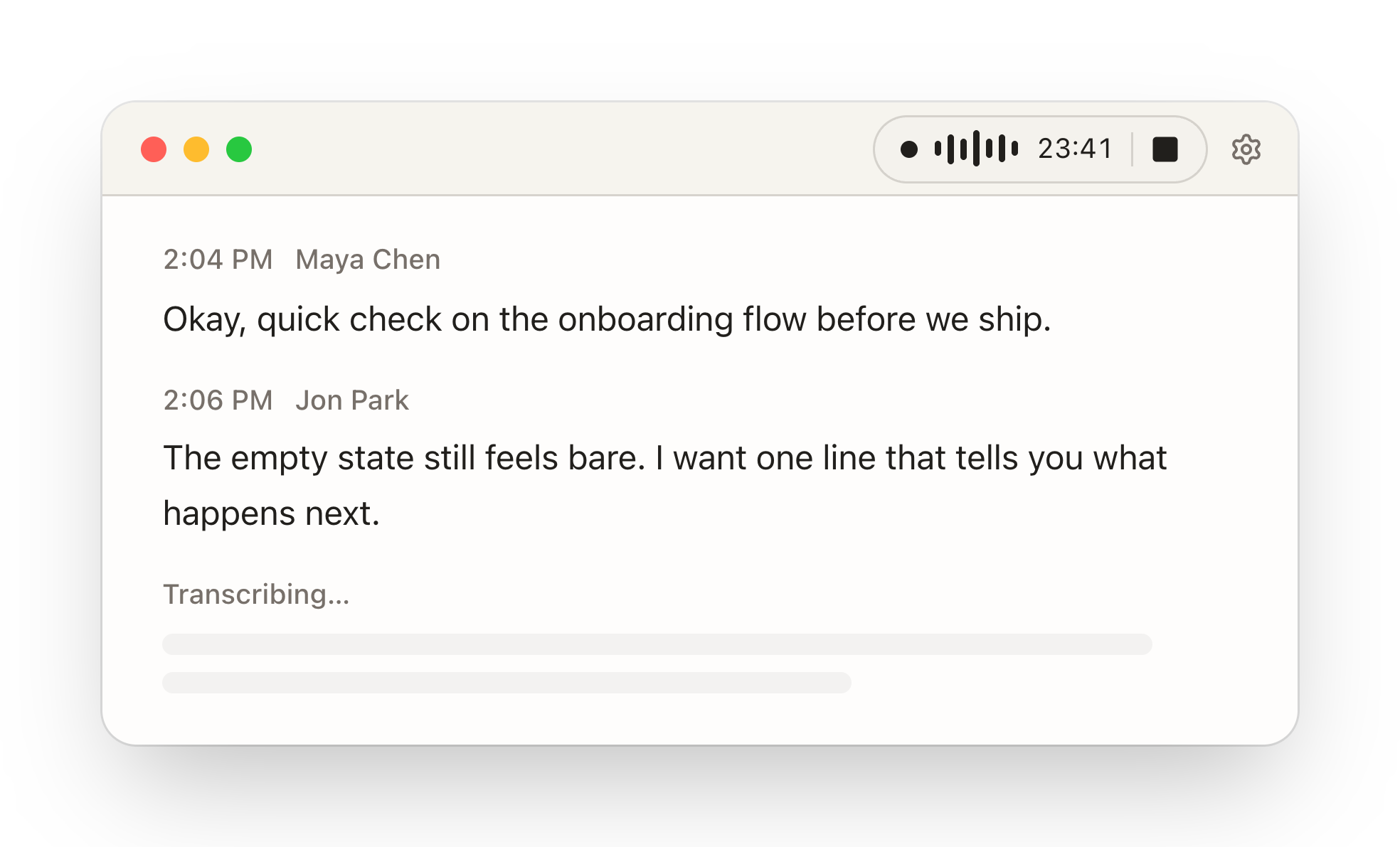 A Handov window transcribing live, with a recording timer, finished lines, and a line still being transcribed